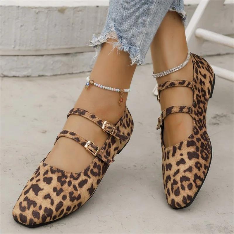 Women's Shoes 2025 Brand Buckle Strap Women's Flats Fashion Leopard Print Daily Flats Women Hot Sale Square Toe Flat Low Heels