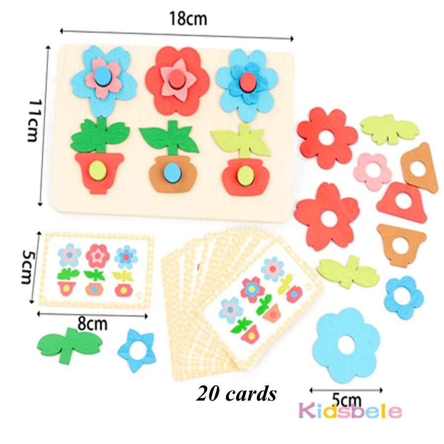 Montessori Diy Wooden Flower Puzzle Board Game With Cards Shape Color Cognition & Matching Geometric Educational Toy For Kids