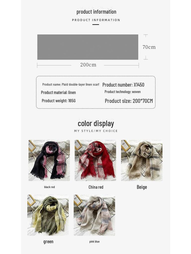 Autumn Plaid Double-Layer Linen Scarf for Women - Retro Cotton British Style Shawl