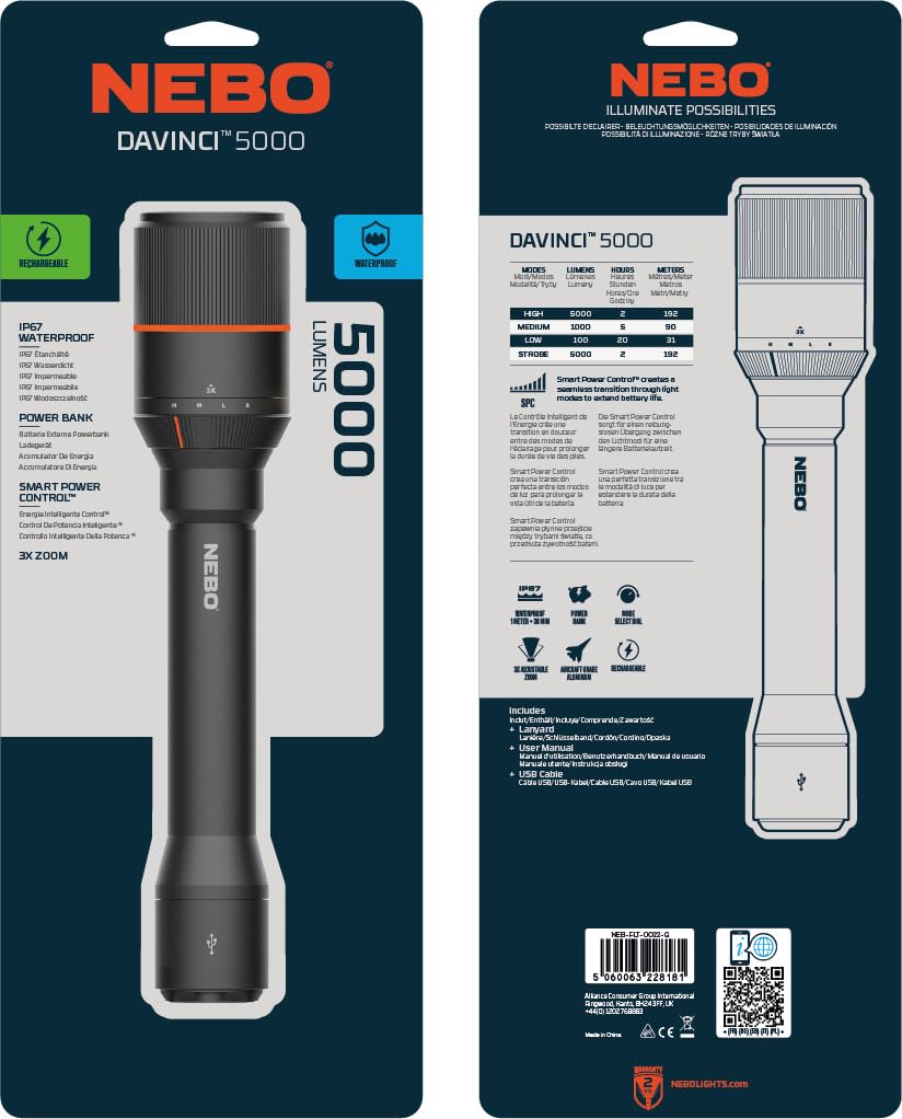 NEBO Rechargeable LED Light "DAVINCI 5000" NEB-FLT-0022-G