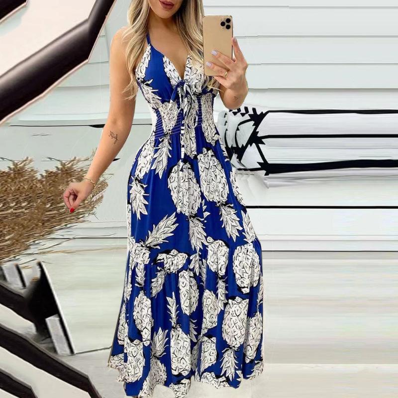 2025 Summer European & American Women's Printed Halter Strap High Waist Deep V Dress
