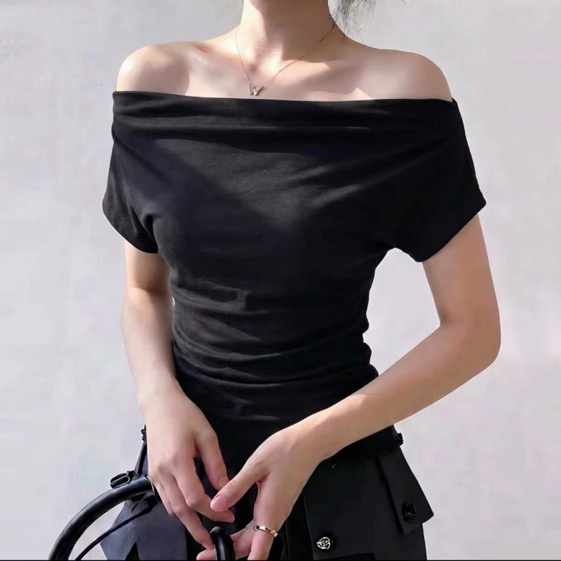 Sommer Reines Verlangen Ein Schulter Schwarz Kurzarm Damen T-Shirt Koreanischer Stil Schlankmachendes Top Freiliegende Schulter Modisch