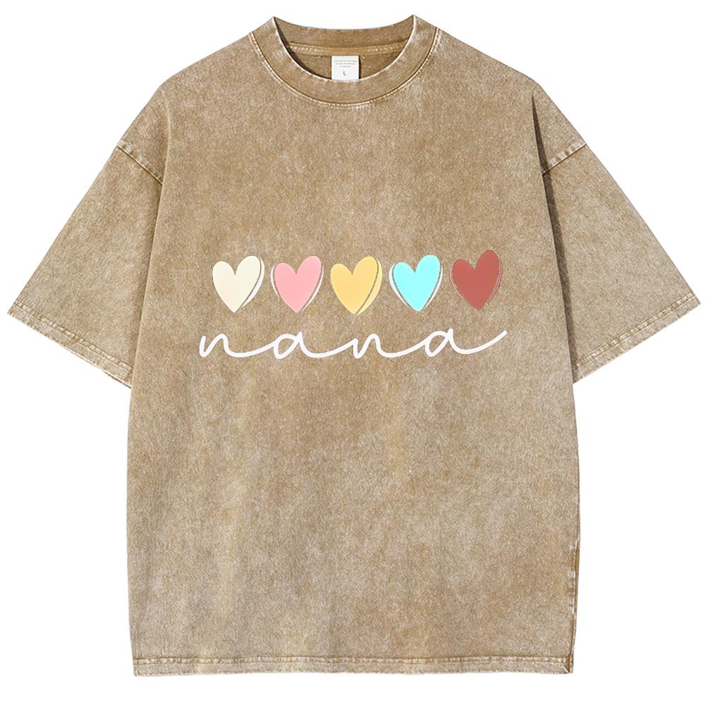 Five Colorful Heart Print Washed Women's T-Shirts Oversized Loose Dropped Sleeves Tees Simple Top Everyday Wear