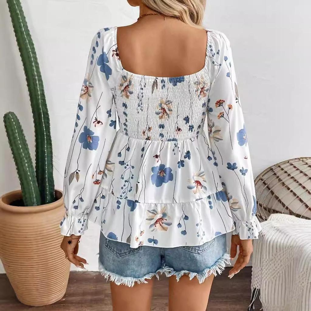 Autumn and Winter Women's Elegant Floral Print Corset Long Sleeve T-Shirt