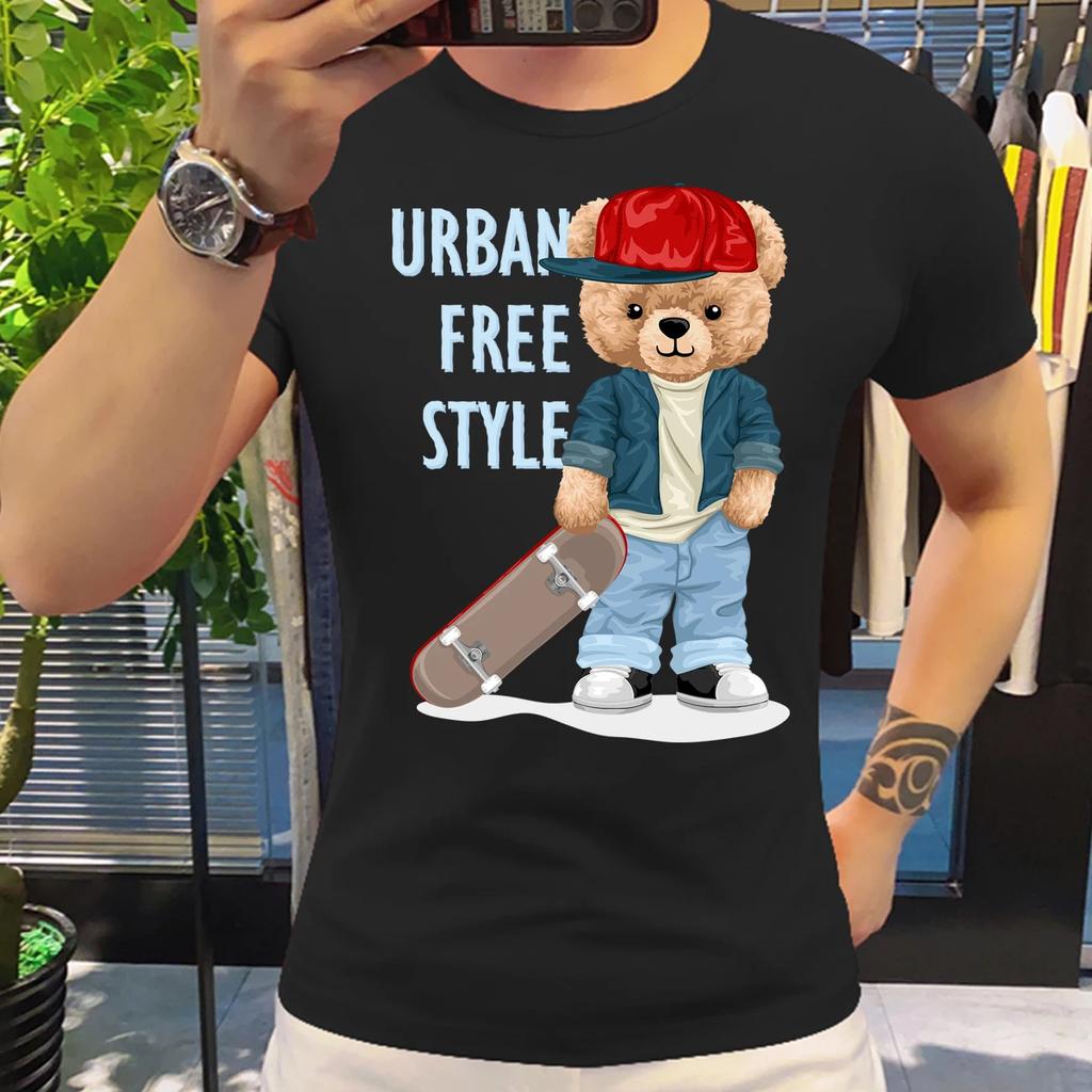 Motorcycling Bear Funny Cute Top Camisetas Black Ladies Tshirts Aesthetics Graphic White Short Sleeve 100%Cotton Man's T-shirt