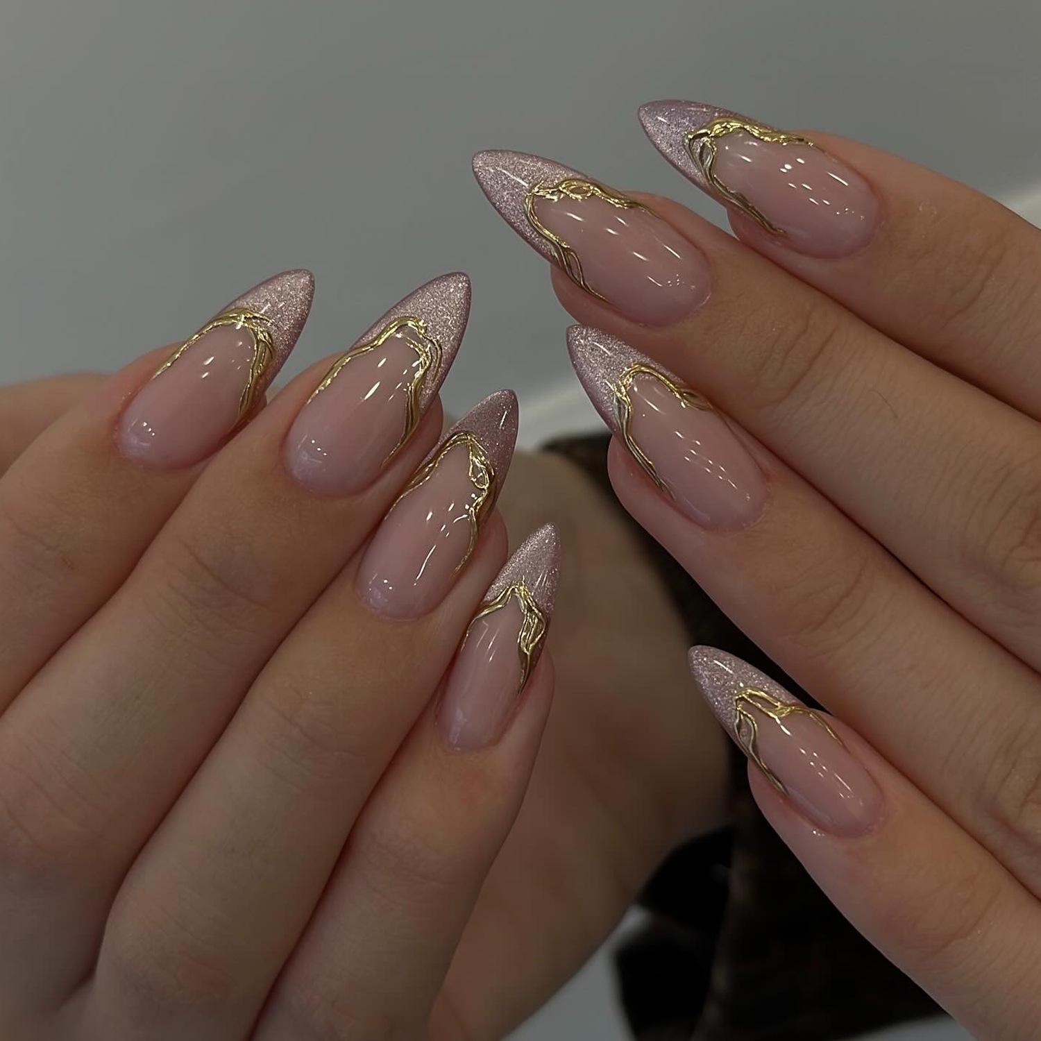 Elegant Nude Pink Gold Foil Almond-Shaped Wearable Nails with French Gold Line Design