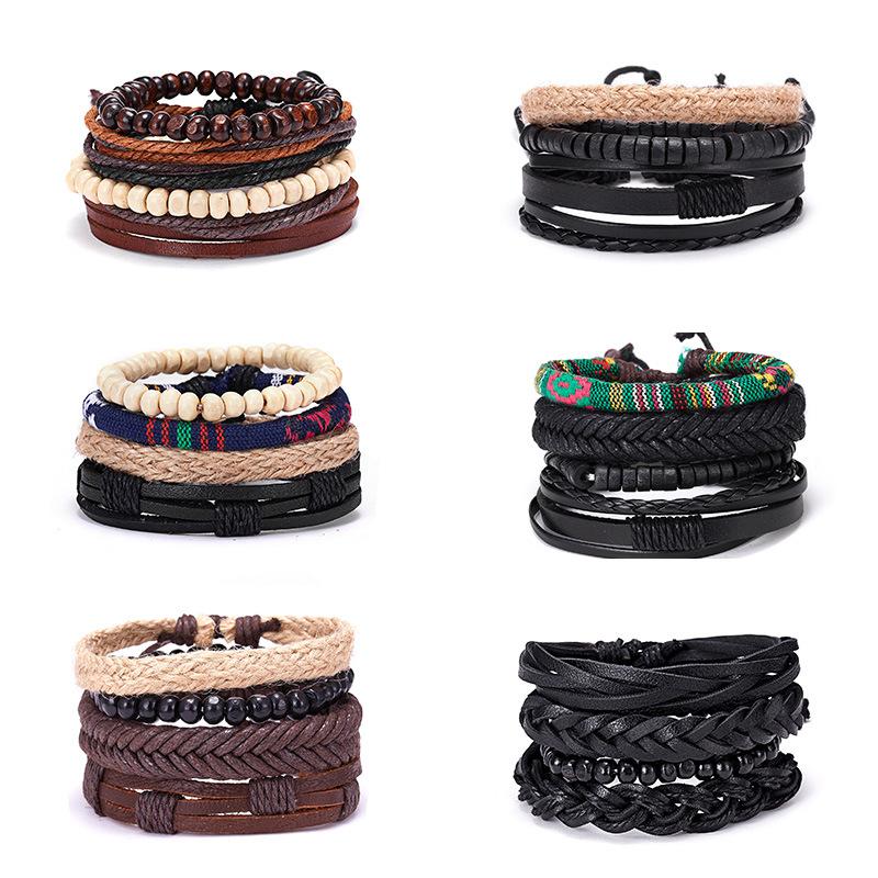4pcs/set Bohemia Bracelets Bangles For Men Multilayer Woven Leather Vintage Ethnic Jewelry Bracelet