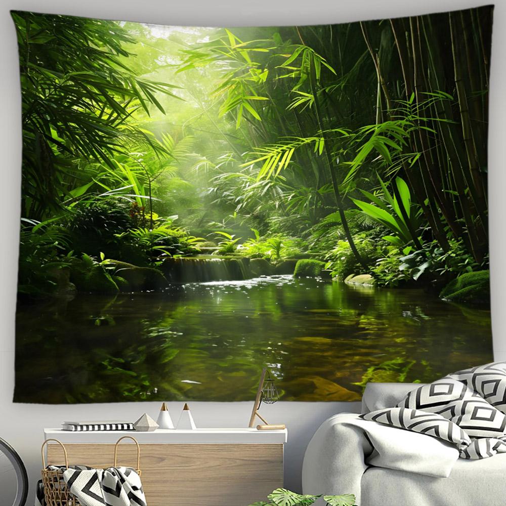 Asian Style Landscape Tapestry Nature Scenery Forest Waterfall Bedroom Living Room Home Wall Hanging Decor Natural Tapestry