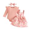 European & American Baby Striped Long-Sleeve Top, Floral Suspender Skirt & Headband Set for Spring & Autumn Girls