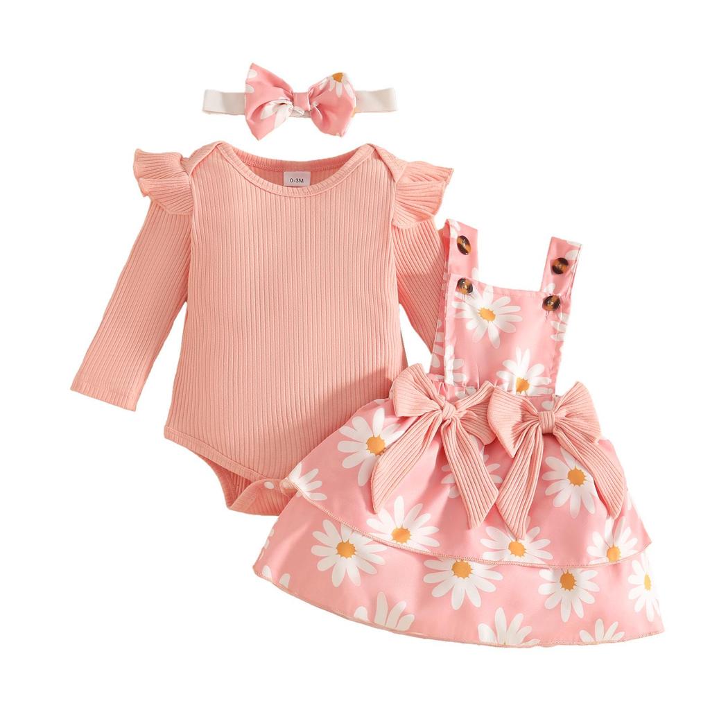 European & American Baby Striped Long-Sleeve Top, Floral Suspender Skirt & Headband Set for Spring & Autumn Girls