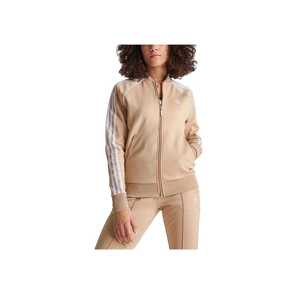 Adidas Striped Print Zip-Up Sports Jacket Women Outerwear Beige HS6765-250
