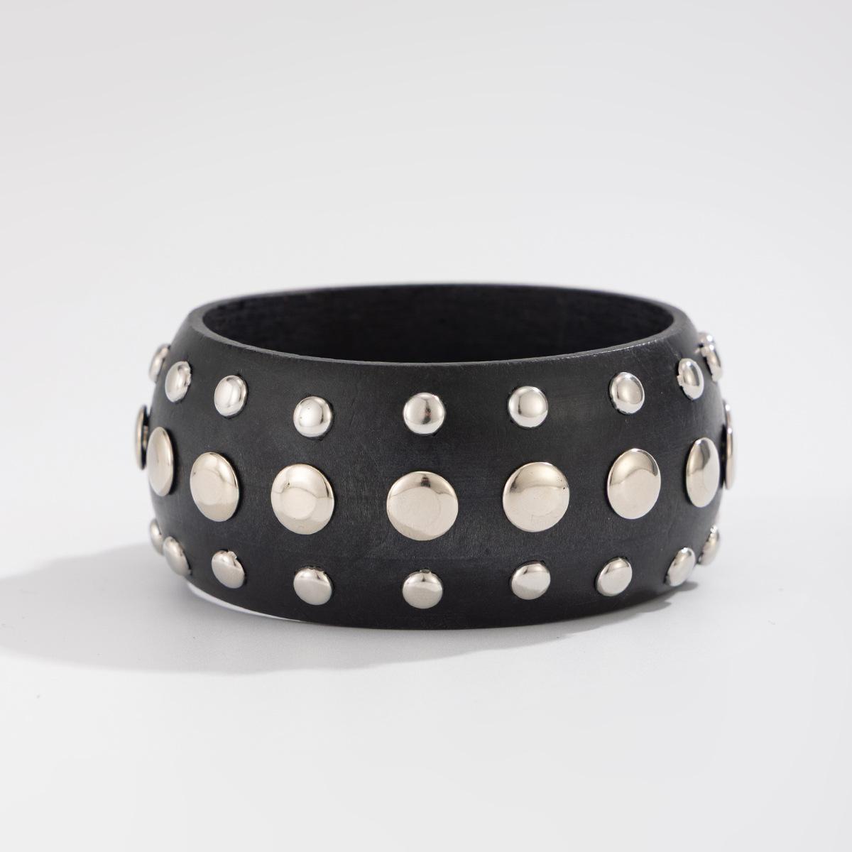 Панк-тренд Геометрический Круглый Деревянный Браслет, Модный Широкий Браслет с Заклепками