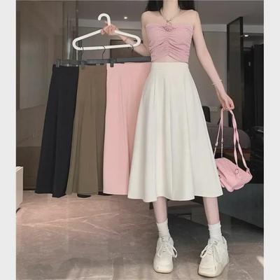 Women's High-Waisted Black Pear-Shaped A-Line Skirt, Small Mid-Length, Slim Fit, Korean Style