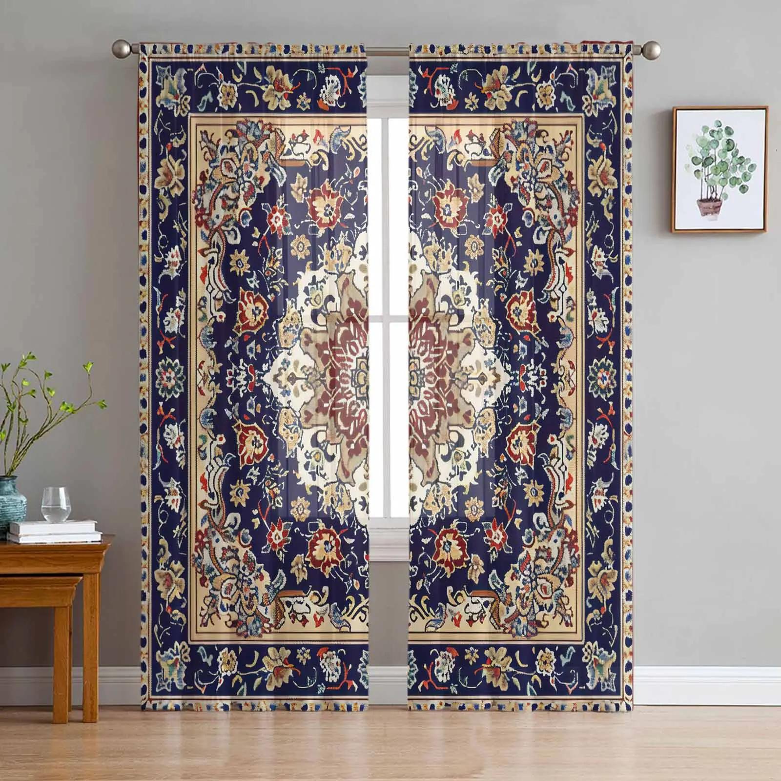 

Retro Medieval Turkish Pattern Transparent Drapes for Living Room Decoration Window Panel Curtain Cooking Area Fine Netting Sheer Fabric Silk-like W135 x H115cm x1&Grommet Top
