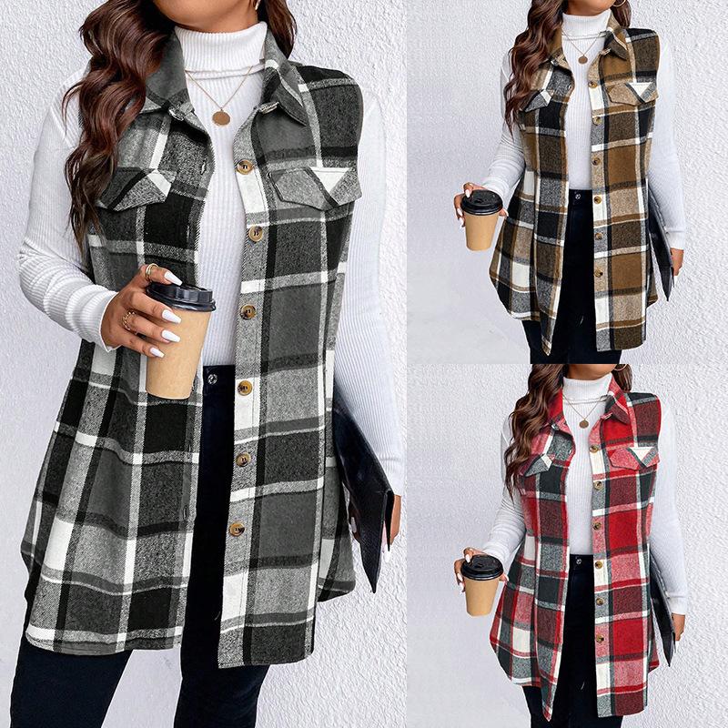 Plus Size Plaid Sleeveless Waistcoat Autumn and Winter Fashion Loose Women's Tweed Jacket