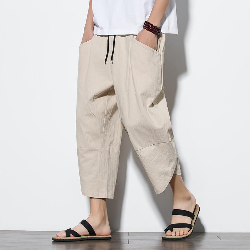 Pantalon Harem Homme Été Style Chinois Coton Lin Streetwear Rétro Shorts de Plage Pantalon Décontracté Mi-Mollet M-5XL