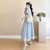 2026 Summer Korean-Style Maternity Dress: Single-Breasted, Lace Patchwork, Bowknot Design, Faux Two-Piece