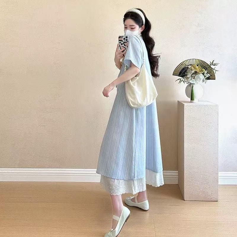 2026 Summer Korean-Style Maternity Dress: Single-Breasted, Lace Patchwork, Bowknot Design, Faux Two-Piece