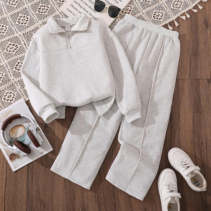 

Kids Plus Velvet Thickened Hoodie & Long Pants Set with Zipper Stand Collar for Autumn/Winter 160cm=11Y сірий колір