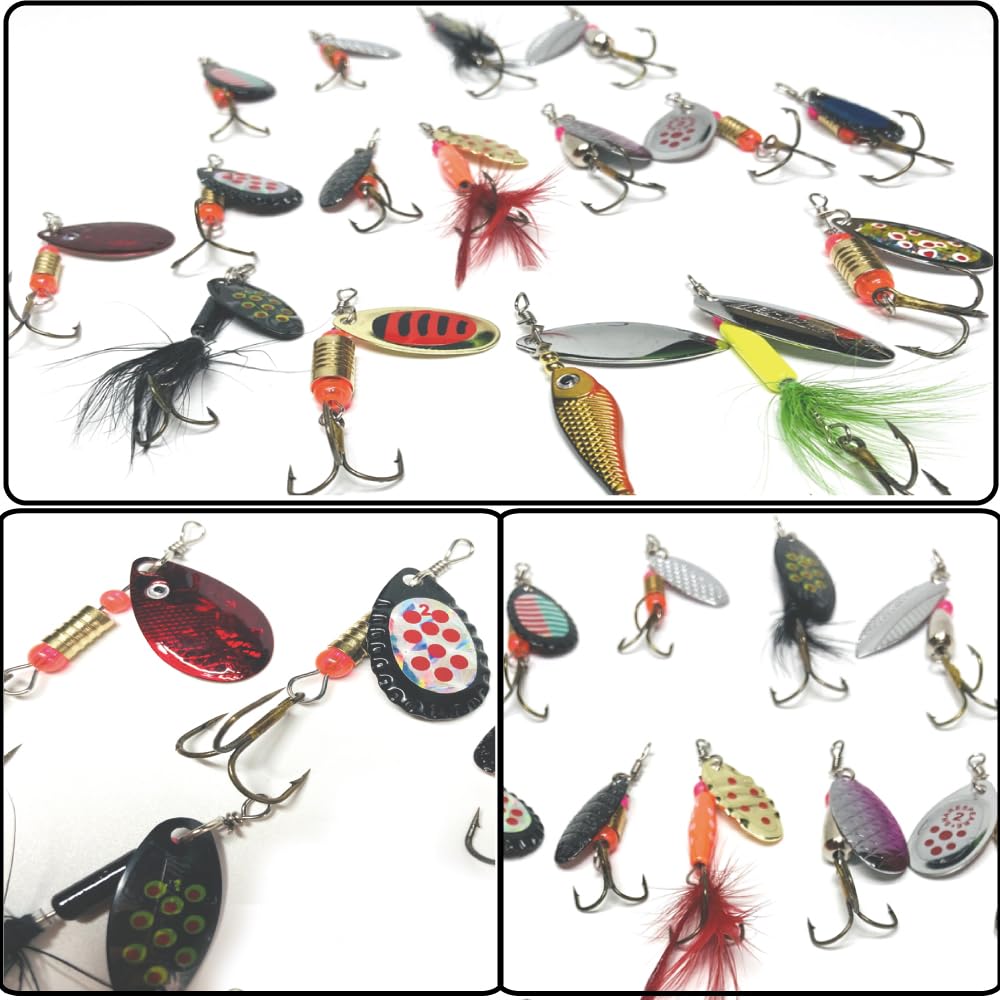 Set of 16 Spinner Lures with Case for Lure Fishing in Mountain Pipe and Oceans Streams, Fishing, Rivers, Lakes,