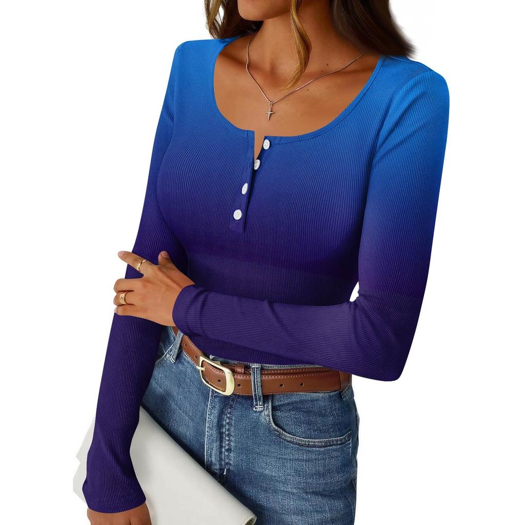 Dámské tričko s úzkým spodním lemem Módní ležérní s gradientním potiskem Kulatý výstřih Pulovr Dlouhý rukáv Top