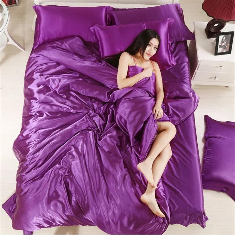 Satin Flat Bed Sheet Smooth Luxury Satin Silk Bedding Set with Duvet Cover Bed Sheet 1 Duvet Cover+1 Bed Sheet+2 Pillowcases
