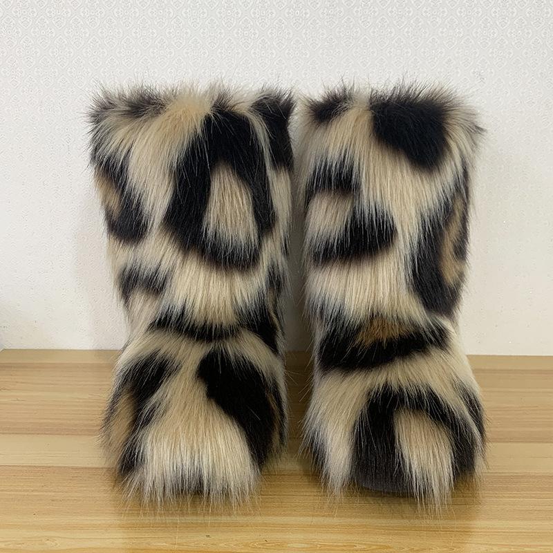 Women's Furry Faux Fur Boots Fuzzy Fluffy Mid Calf Snow Boots Winter Suede Warm Fur Lined Booties Flat Boots for Women Casual Ankle Booties Shoes