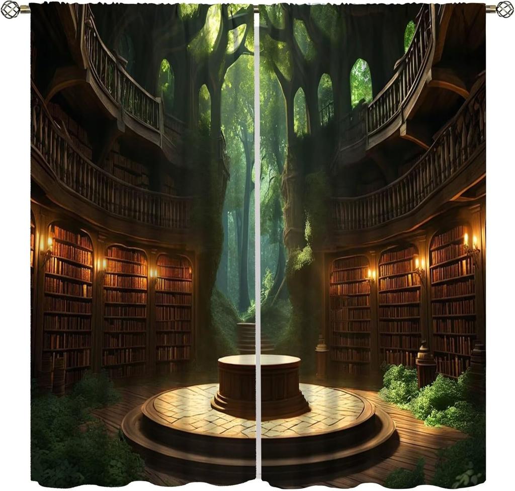 Gothic Bookshelf Curtain Antique Bookcase Spooky Skull Magic Book Halloween Themed Decor Window Kids Teens Adults Curtains Made Of Polyester