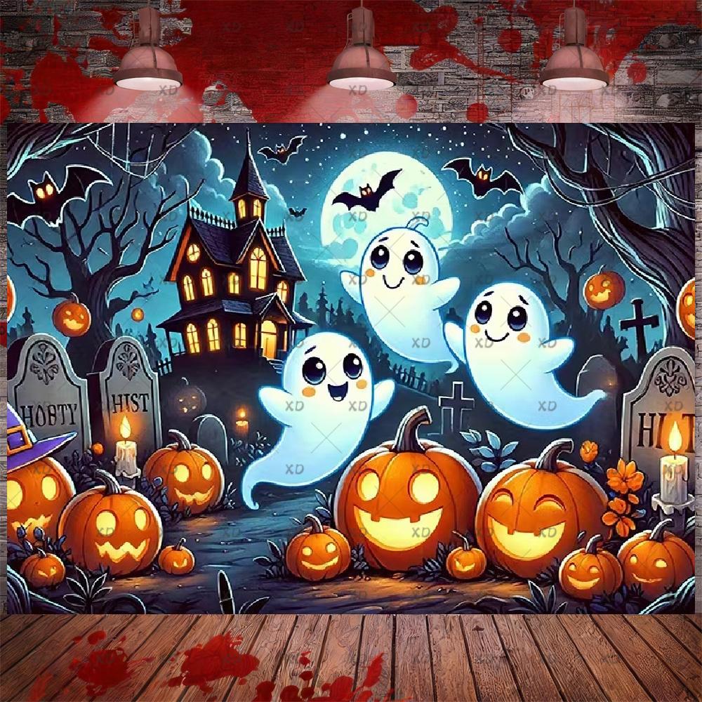 Halloween Party Decor: Pumpkin Backdrop, Ghosts, Haunted House, Photography Props, Photo Booth Banner5015