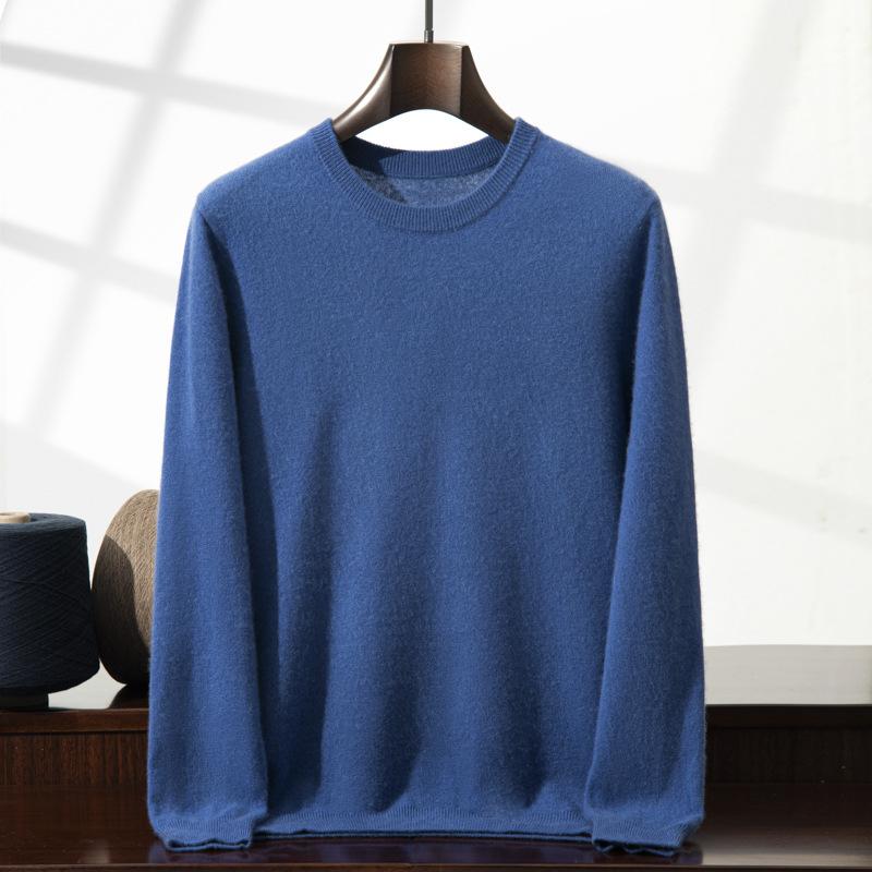 2025 new cashmere shirt men's round neck solid color pullover sweater with knitting inside