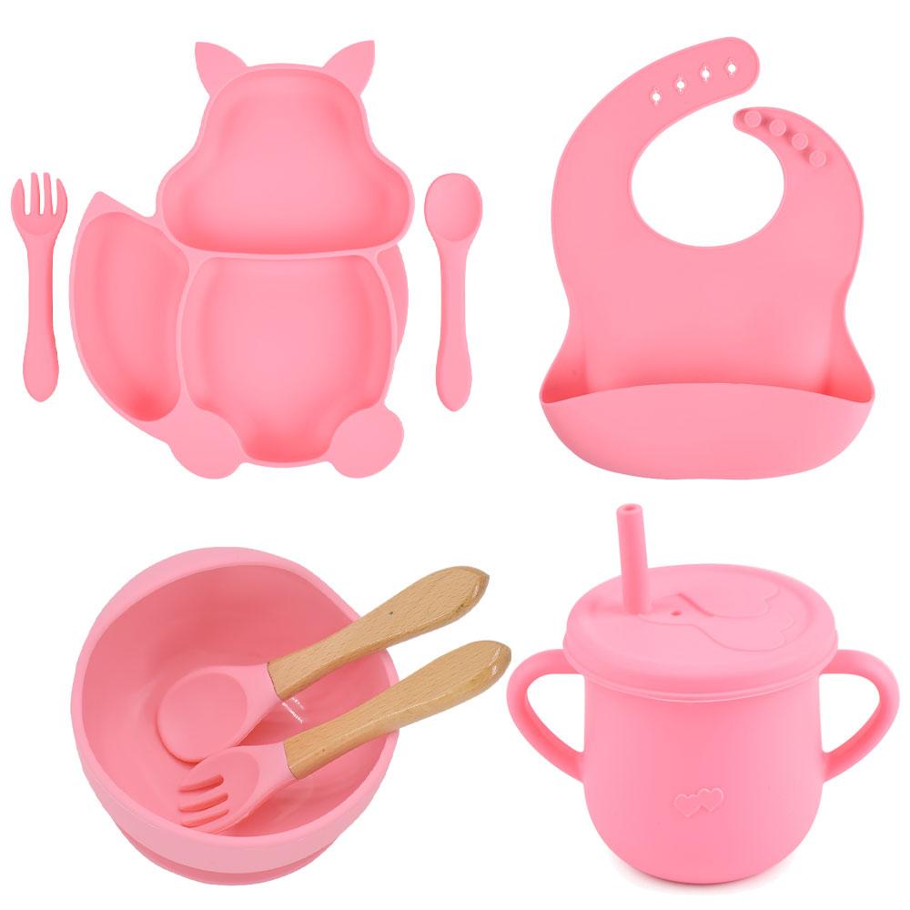 8PCS/Set Baby Silicone Sucker Bowl Plate Cup Bibs Spoon Fork Sets Children Non-slip Tableware Baby Feeding Dishes BPA Free