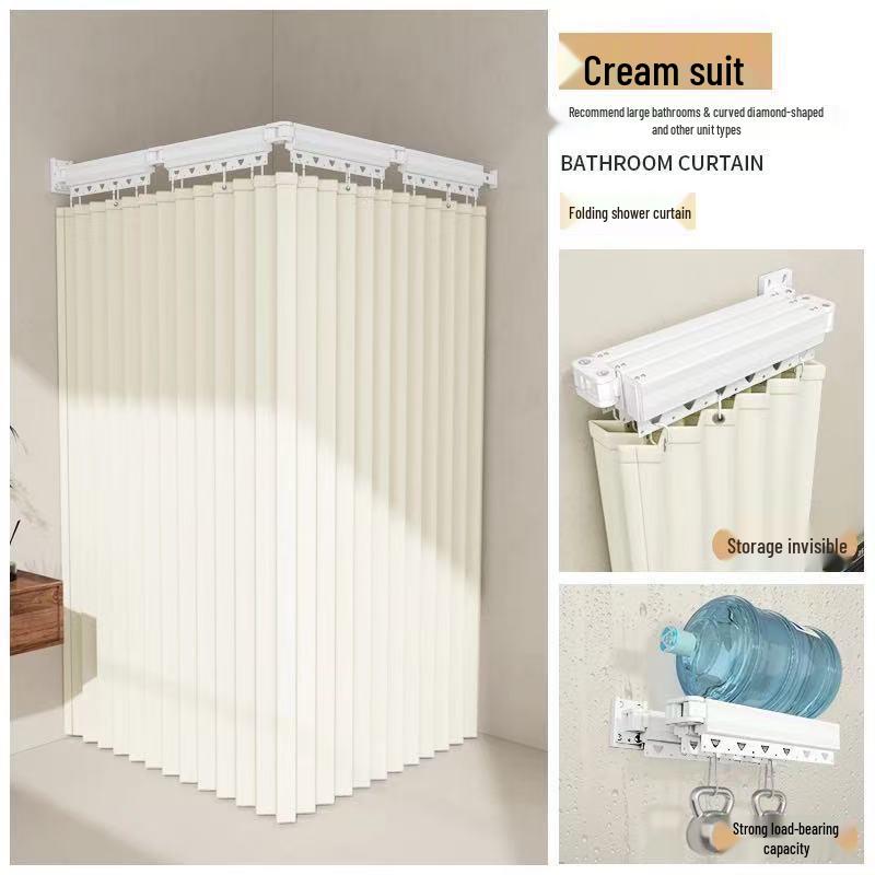 Foldable Shower Curtain Set: Invisible Waterproof Bathroom Partition for Dry and Wet Separation, Punch-free Installation.