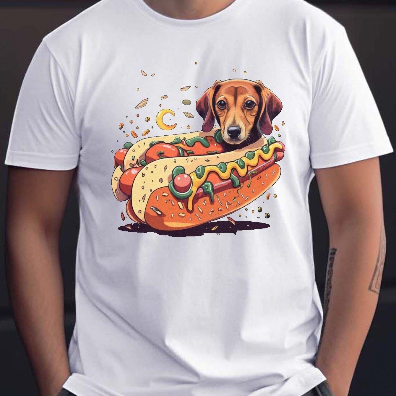 Dachshund in Hot Dog Graphic Mens Cotton TShirt Casual Crew Neck Short Sleeve Tee S