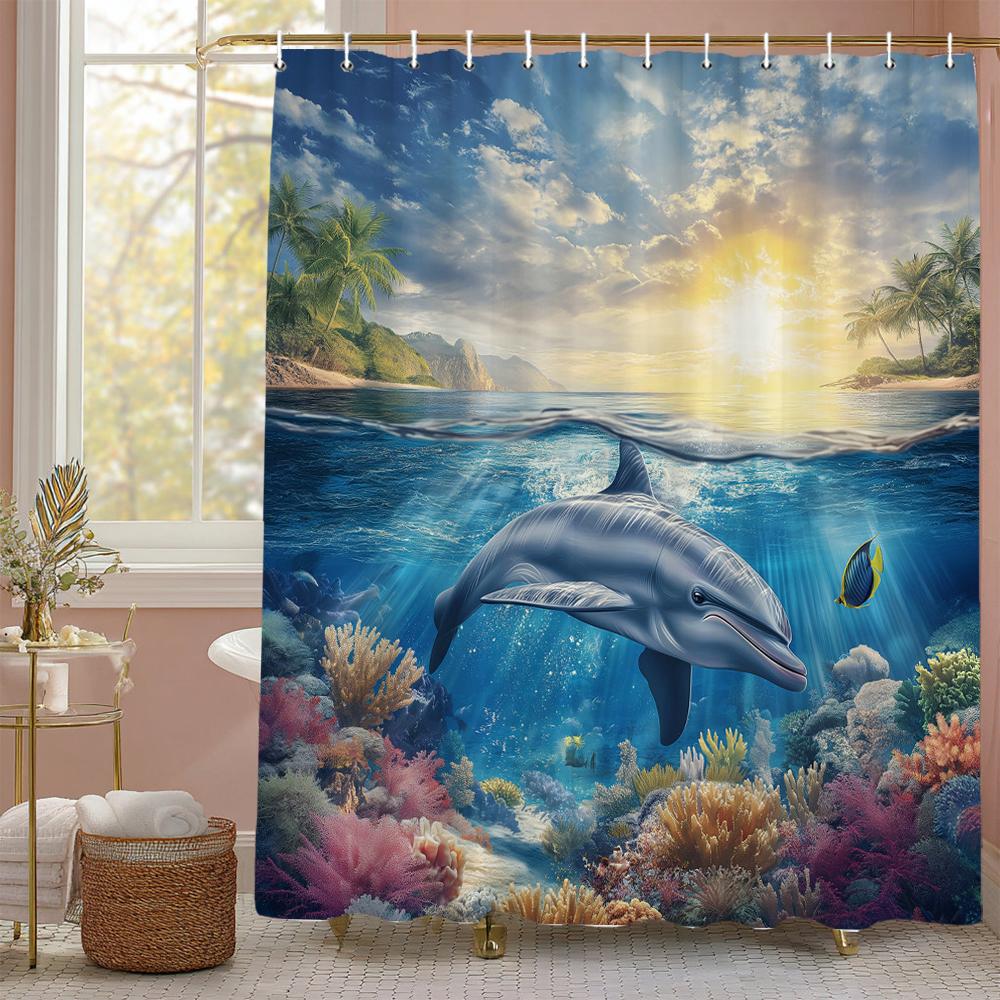 Underwater World Ocean Dolphin Jellyfish Shower Curtain, Bathroom Decorative Shower Curtain, Waterproof Shower Curtain with Hook