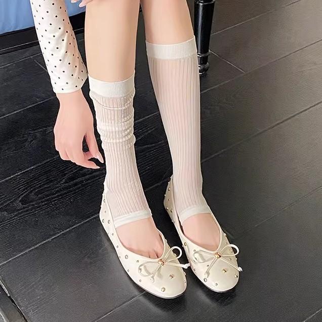 Women Miu‑Series Foot‑Stepping Stacking Leg Sleeves, Mulberry‑Silk Vertical‑Pattern Sheer Versatile Calf Socks
