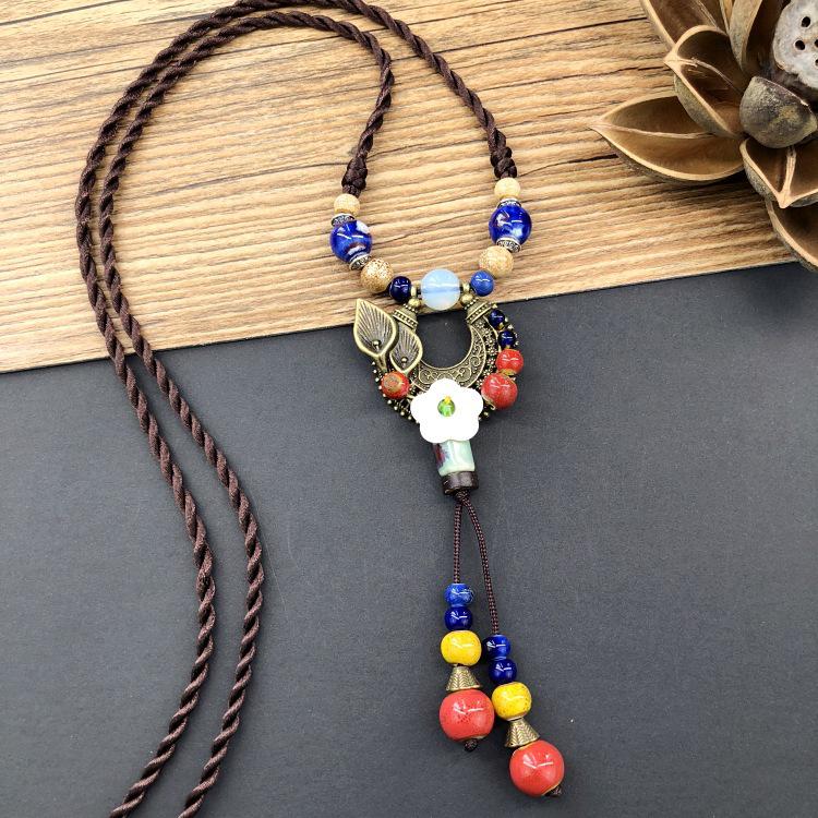 Retro Artistic Cotton-Linen Ceramic Necklace with Tassel Pendant for Women, Ethnic Forest Style, Versatile Long Sweater Chain Accessories.