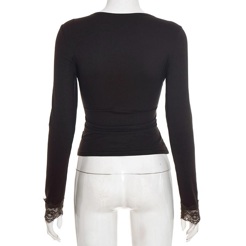 Damen V-Ausschnitt Spitze Patchwork Oberteil Europäischer Amerikanischer Stil Herbst Neu Taille Freigelegt Nabel Modische Lässige Kleidung