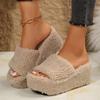 Spring and Autumn Large Size One-word Fluff Drag European and American Thick Bottom Slope Heel Women European and American Fashion Slippers