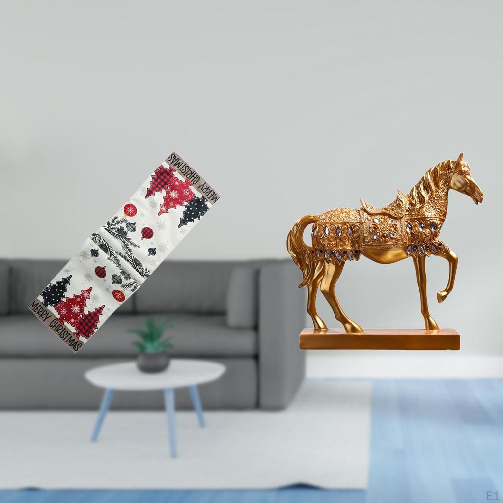 Festive Winter Table Runner with Horse Figurine Sculpture Reusable Xmas Tree Tablecloth Animal