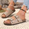 Fashion Summer Casual Cow Suede Flat Slippers Women New Double Buckle Open Toe Sandal Woman 2025 Beach Plus Size Non-Slip Slides Mujer