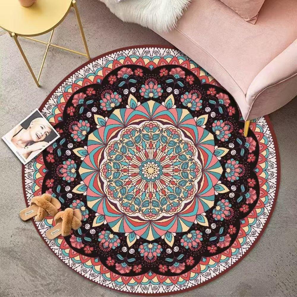 Bohemian Farmhouse Round Area Rug Soft Non-Slip Floor Mat Colorful Floral Ethnic Geometric Pattern Carpet for Bedroom