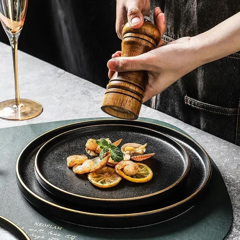 Flat Ceramic Western Dish Household 8-inch Black Non Slip Steak Plate Restaurant Commercial White Circular Pasta Tableware