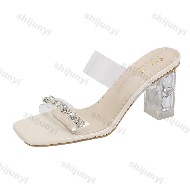 High Heel Shoes for Women Summer 2025 New Style Rhinestone Heels Sandals Fashion Outdoor Sexy Crystal Chunky Heels Slippers