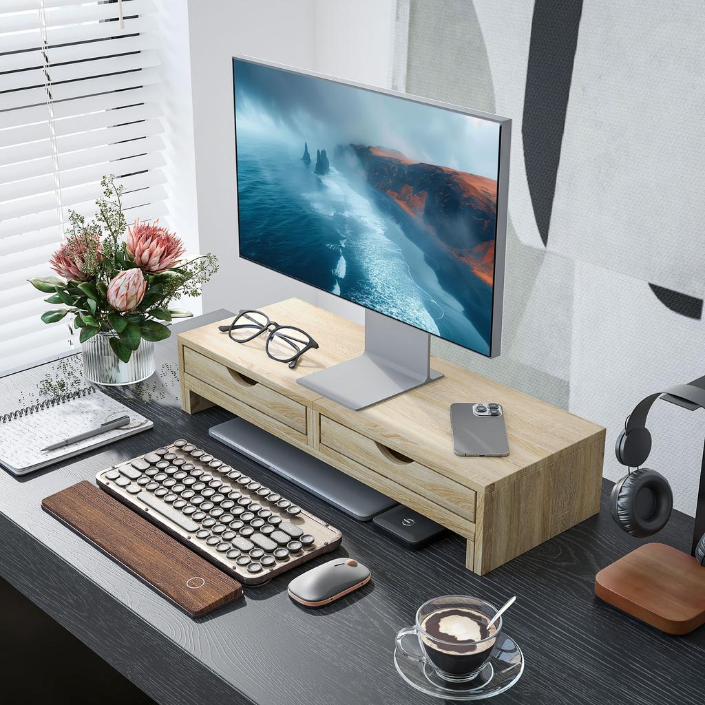 PC Screen Riser Desk Computer Monitor Stand 60-116 Cm with 2 Drawers, Adjustable Length and Angle
