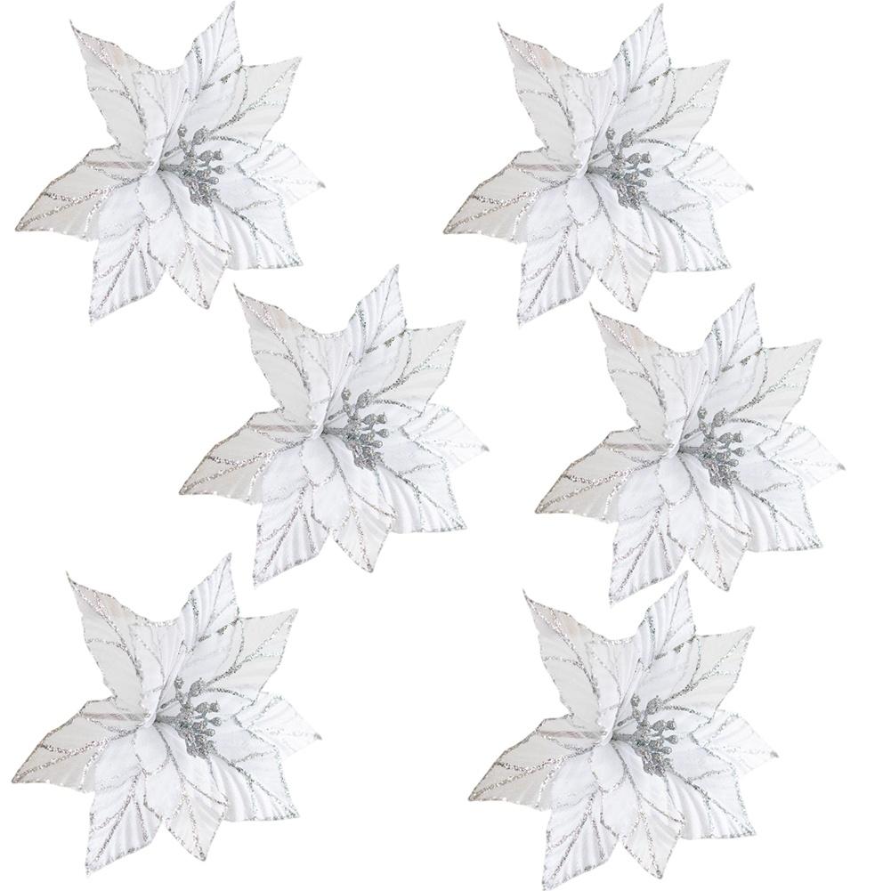 Christmas Poinsettia Ornaments 25 Cm Fauxs Cloth Flowers Set Of 6 Glitter Petals For Tree Wreath Garland Centerpiece