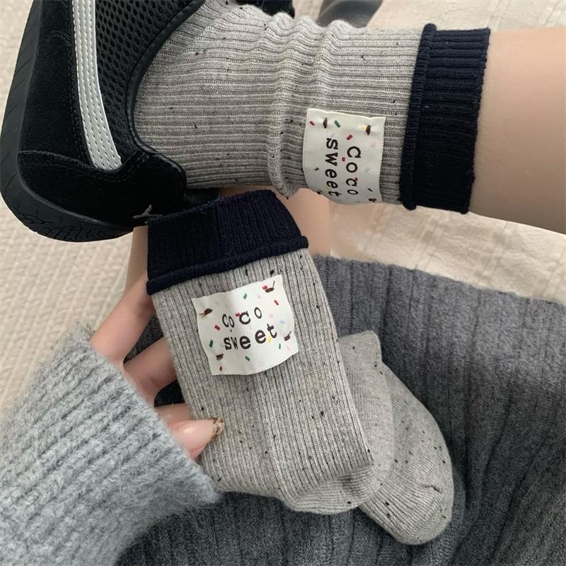 European Color-Blocked Heel Cloth Label Socks, Women'S Idea Yarn, Coarse Needle Socks, Personality Trendy Socks, Pile Socks