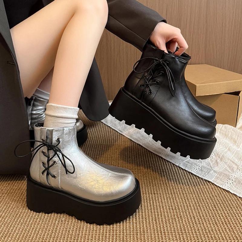 Fashion Women Flats Platform Ankle Boots Lace Up Casual Shoes Sport Sneaker 2025 Winter Chelsea Short Boots Leather Shoes Mujer Botas