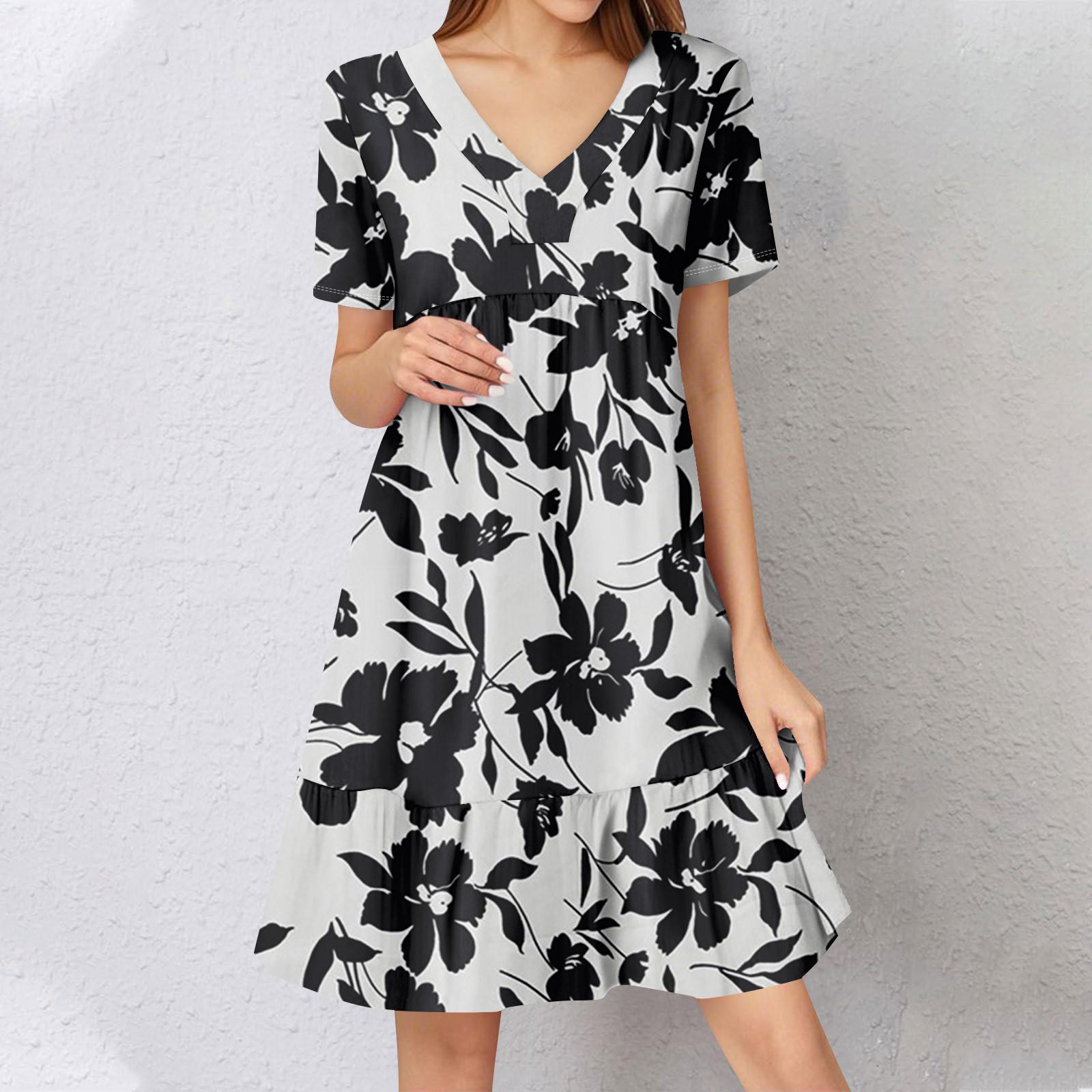 

Жіноча літня сукня з коротким рукавом, V-подібним вирізом, коротка, модна, повсякденна, вільна, бохо, з рюшами, А-силуету, сукня-сонце S білий