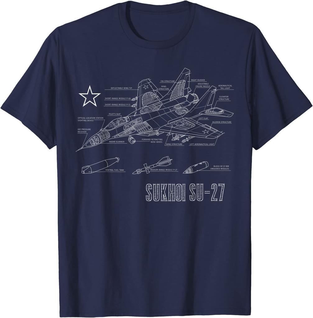 Russian Cold War Sukhoi SU27 Jet Airplane Blueprint TShirt Short Sleeve Casual 100 Cotton ONeck Summer Men TShirt