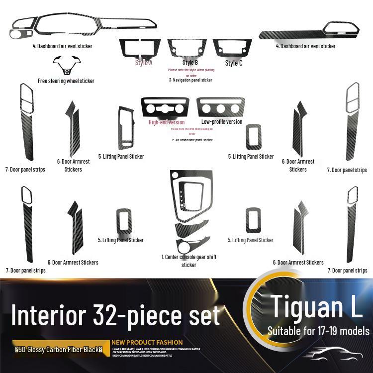 Volkswagen Tiguan L Interior Carbon Fiber Film (2017-2019) - Anti-Scratch, Anti-Kick, Center Console & Door Coverage